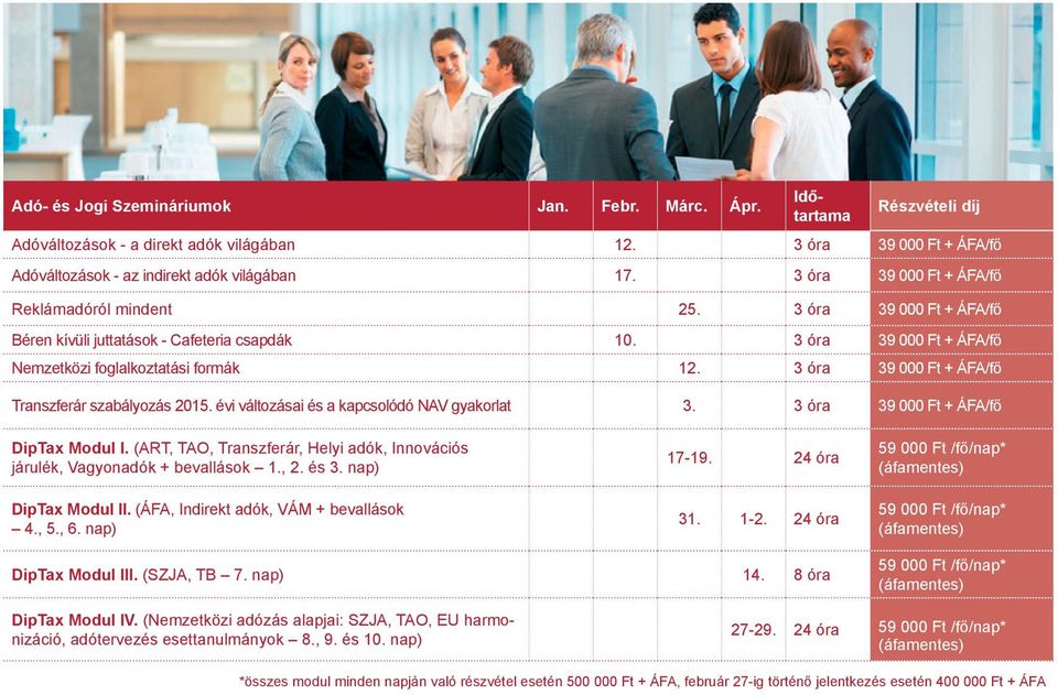 3 óra 39 000 Ft + ÁFA/fő Transzferár szabályozás 2015. évi változásai és a kapcsolódó NAV gyakorlat 3. 3 óra 39 000 Ft + ÁFA/fő DipTax Modul I.