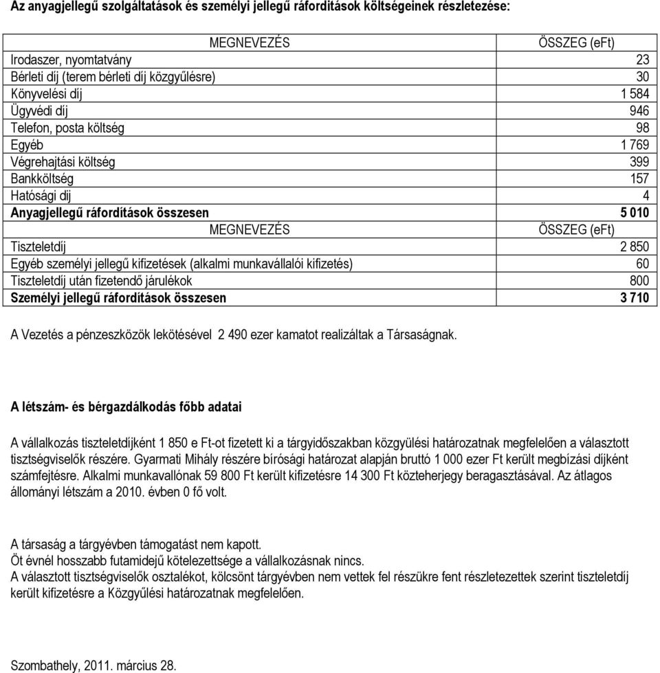 850 Egyéb személyi jellegű kifizetések (alkalmi munkavállalói kifizetés) 60 Tiszteletdíj után fizetendő járulékok 800 Személyi jellegű ráfordítások összesen 3 710 A Vezetés a pénzeszközök lekötésével