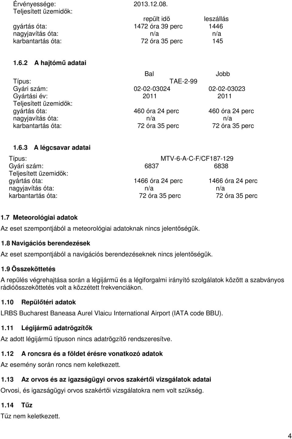 2 A hajtómű adatai Bal Jobb Típus: TAE-2-99 Gyári szám: 02-02-03024 02-02-03023 Gyártási év: 2011 2011 Teljesített üzemidők: gyártás óta: 460 óra 24 perc 460 óra 24 perc nagyjavítás óta: n/a n/a