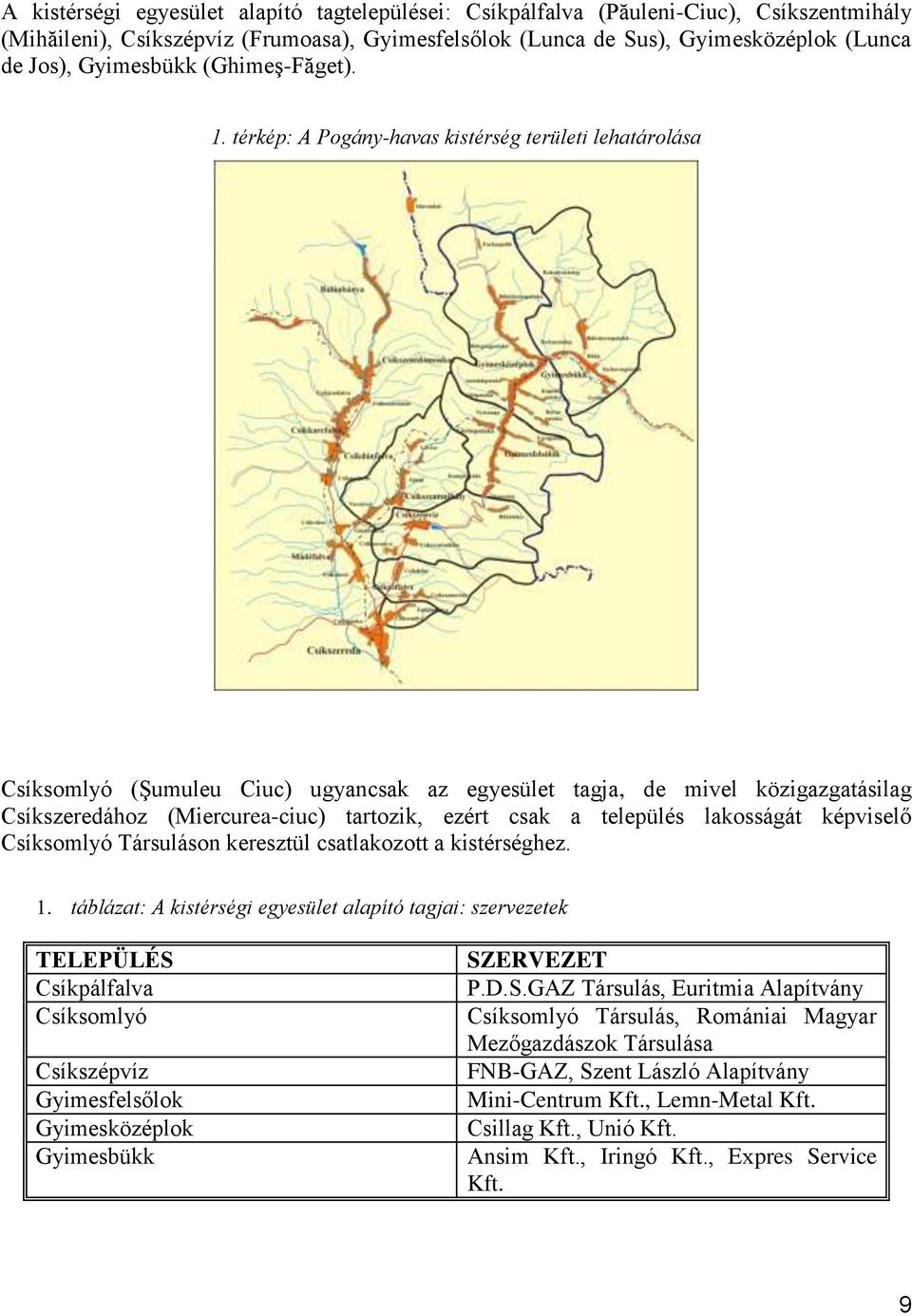 térkép: A Pogány-havas kistérség területi lehatárolása Csíksomlyó (Şumuleu Ciuc) ugyancsak az egyesület tagja, de mivel közigazgatásilag Csíkszeredához (Miercurea-ciuc) tartozik, ezért csak a