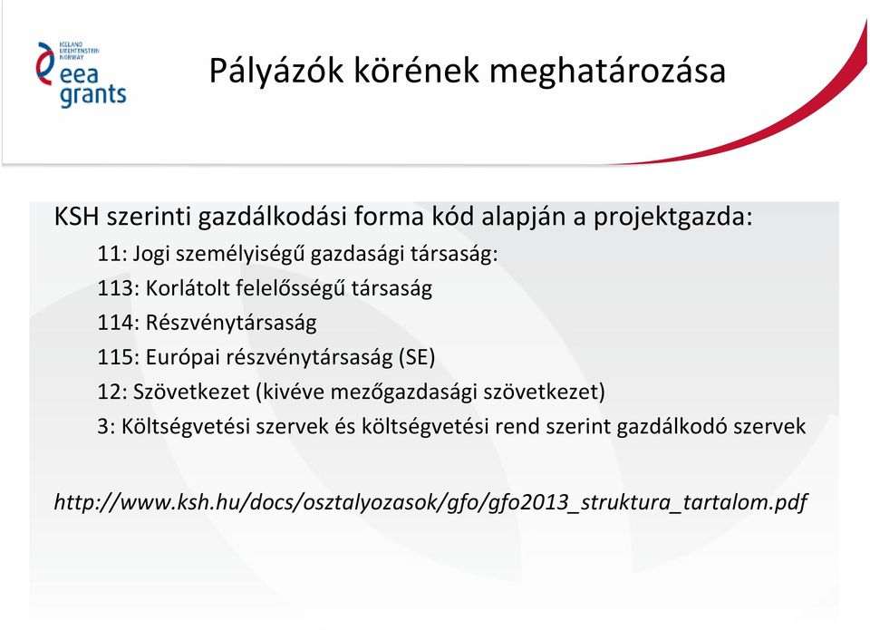 részvénytársaság (SE) 12: Szövetkezet (kivéve mezőgazdasági szövetkezet) 3: Költségvetési szervek és