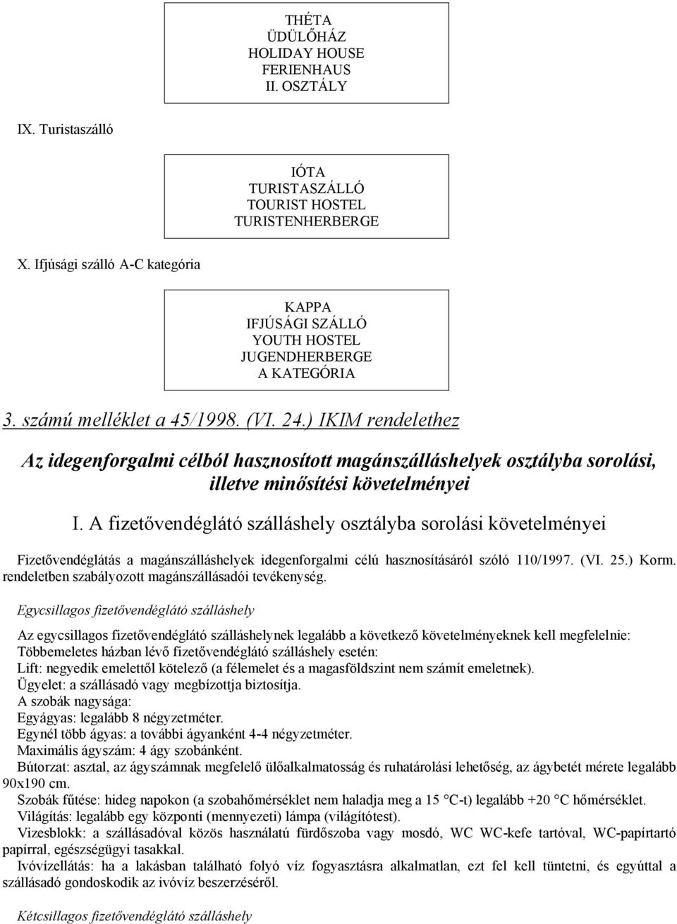 ) IKIM rendelethez Az idegenforgalmi célból hasznosított magánszálláshelyek osztályba sorolási, illetve minősítési követelményei I.