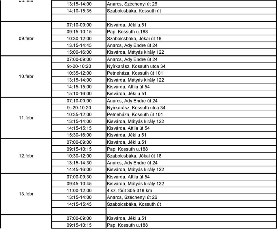 07:00-09:30 09:45-10:45 11:00-12.00 14:15-15:45 Kisvárda, Jéki u.51 Pap, Kossuth u.