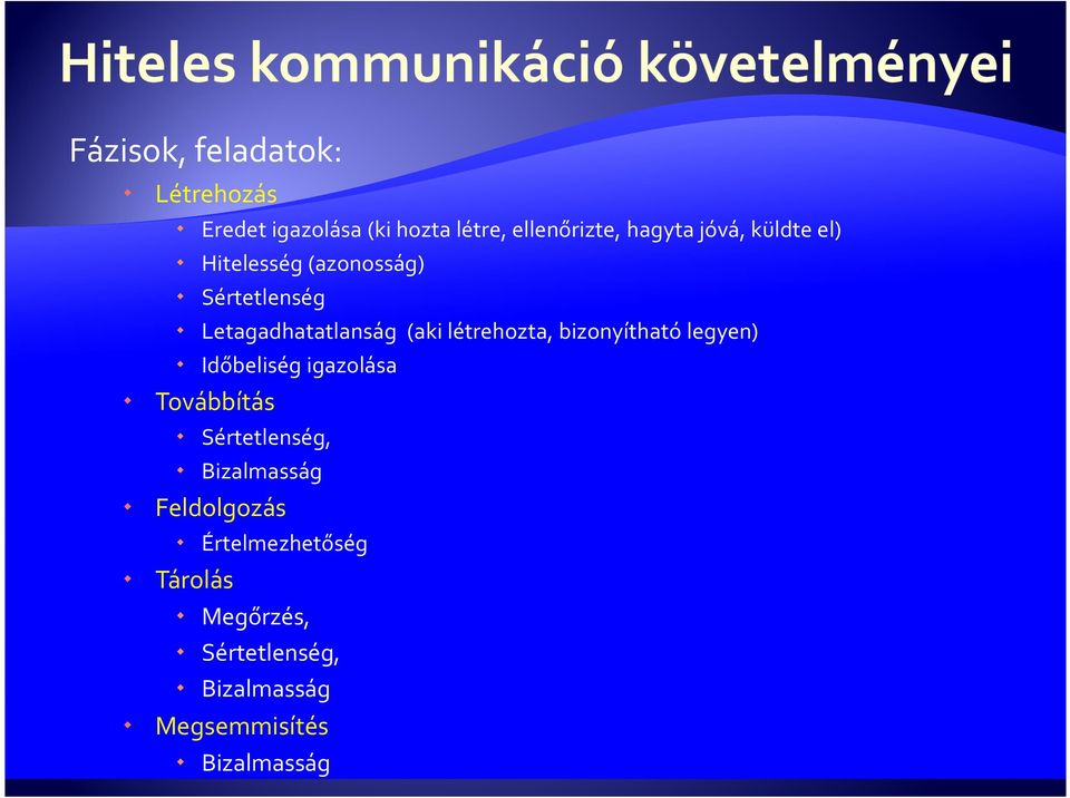 létrehozta, bizonyítható legyen) Időbeliség igazolása Továbbítás Sértetlenség,