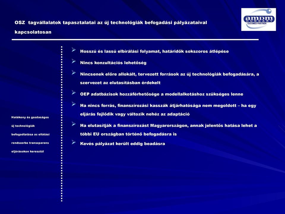 nincs forrás, finanszírozási kasszák átjárhatósága nem megoldott ha egy eljárás fejlődik vagy változik nehéz az adaptáció Hatékony és gazdaságos új technológiák többi EU országban történő