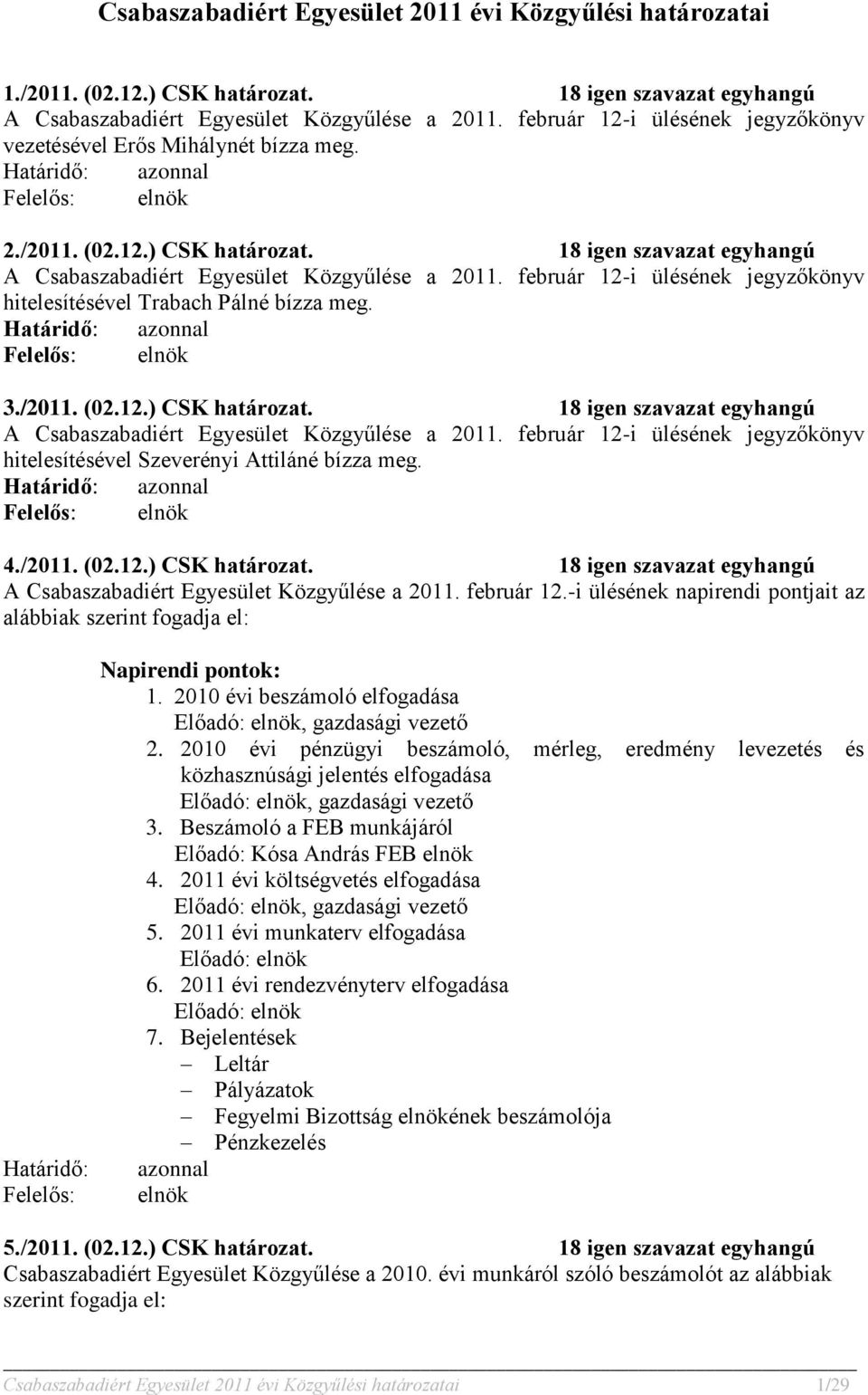 február 12-i ülésének jegyzőkönyv hitelesítésével Trabach Pálné bízza meg. 3./2011. (02.12.) CSK határozat. 18 igen szavazat egyhangú A Csabaszabadiért Egyesület Közgyűlése a 2011.