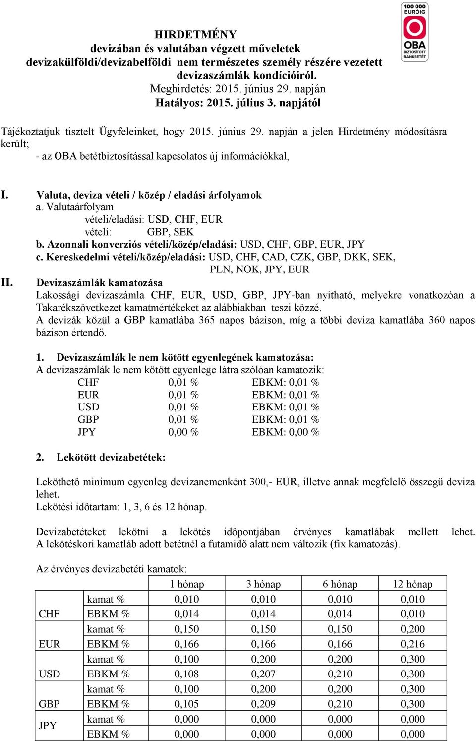 napján a jelen Hirdetmény módosításra került; az OBA betétbiztosítással kapcsolatos új információkkal, I. Valuta, deviza vételi / közép / eladási árfolyamok a.