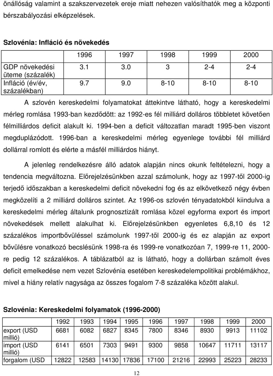 0 8-10 8-10 8-10 A szlovén kereskedelmi folyamatokat áttekintve látható, hogy a kereskedelmi mérleg romlása 1993-ban kezdıdött: az 1992-es fél milliárd dolláros többletet követıen félmilliárdos