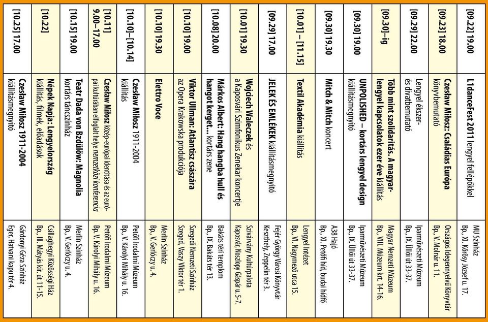00 JK ÉS MÉKK kiállításmegnyitó [10.01] 19.30 Wojciech Waleczek és a Kaposvári Szimfonikus Zenekar koncertje [10.08] 20.00 Márkos Albert: Hang hangba hull és hangot kerget... kortárs zene [10.10] 19.