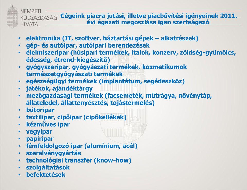 konzerv, zöldség-gyümölcs, édesség, étrend-kiegészítő) gyógyszeripar, gyógyászati termékek, kozmetikumok természetgyógyászati termékek egészségügyi termékek (implantátum, segédeszköz)