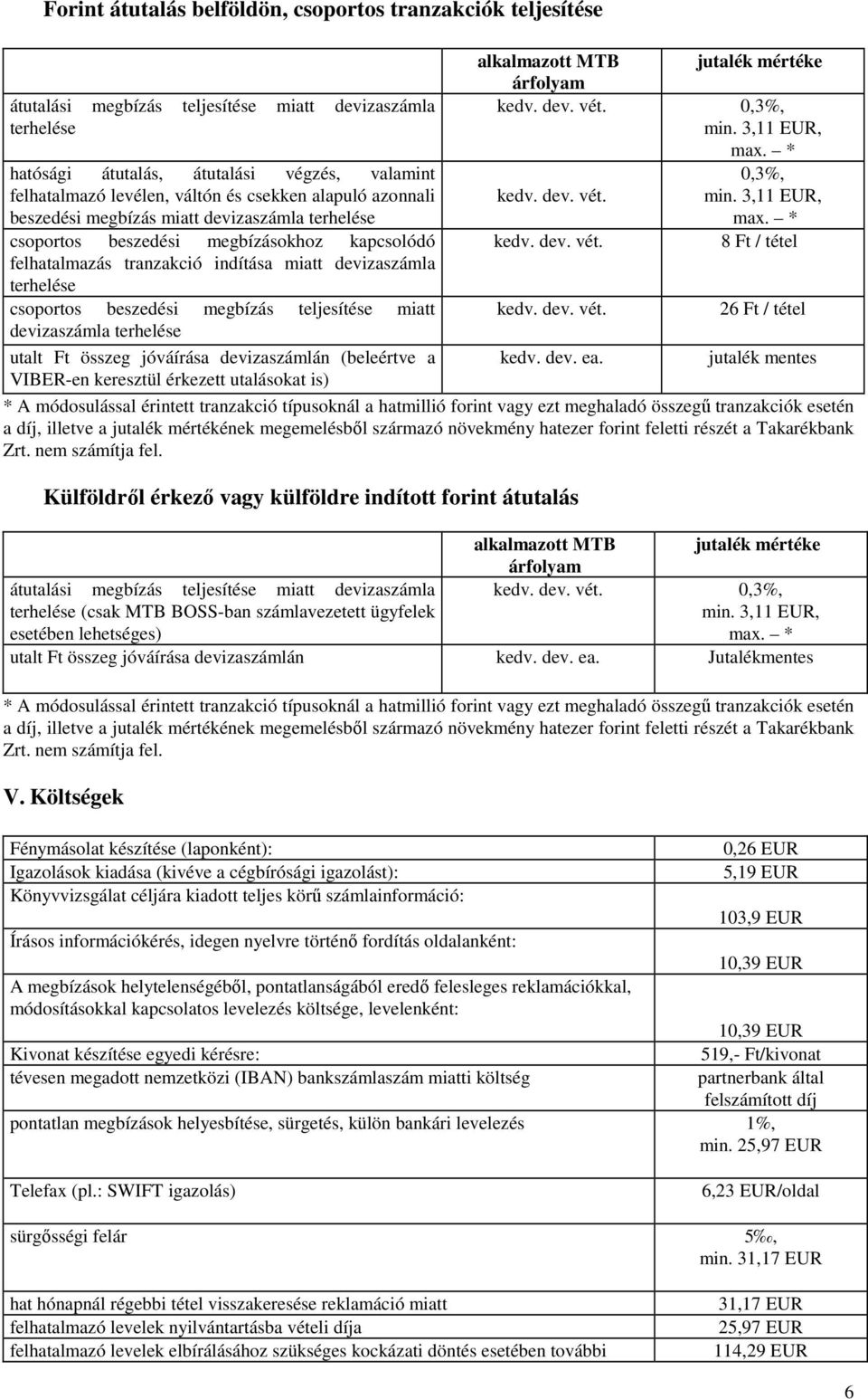 beszedési megbízás teljesítése miatt devizaszámla terhelése utalt Ft összeg jóváírása devizaszámlán (beleértve a VIBER-en keresztül érkezett utalásokat is) alkalmazott MTB jutalék mértéke árfolyam
