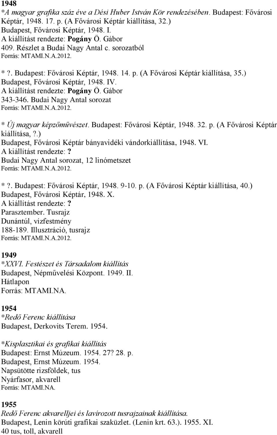 A kiállítást rendezte: Pogány Ö. Gábor 343-346. Budai Nagy Antal sorozat * Új magyar képzőművészet. Budapest: Fővárosi Képtár, 1948. 32. p. (A Fővárosi Képtár kiállítása,?