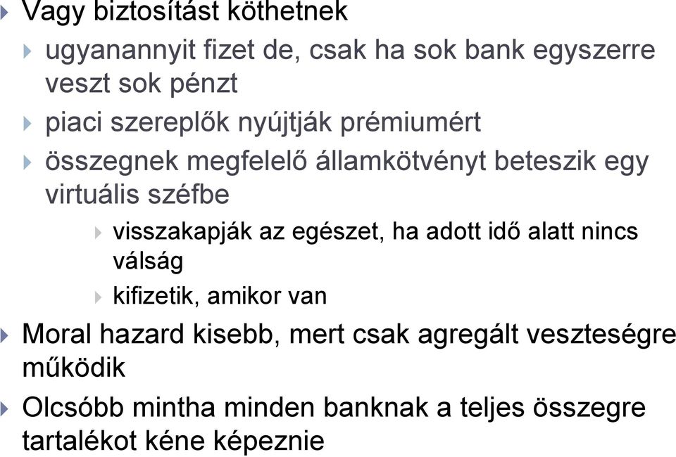 visszakapják az egészet, ha adott idő alatt nincs válság kifizetik, amikor van Moral hazard kisebb,