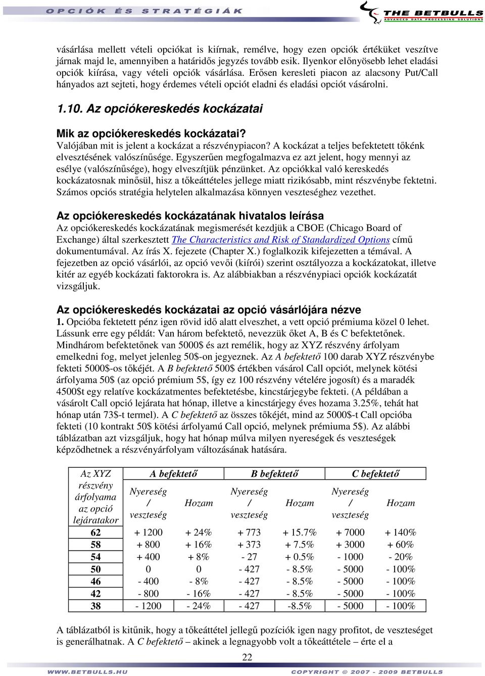 Erısen keresleti piacon az alacsony Put/Call hányados azt sejteti, hogy érdemes vételi opciót eladni és eladási opciót vásárolni. 1.10. Az opciókereskedés kockázatai Mik az opciókereskedés kockázatai?