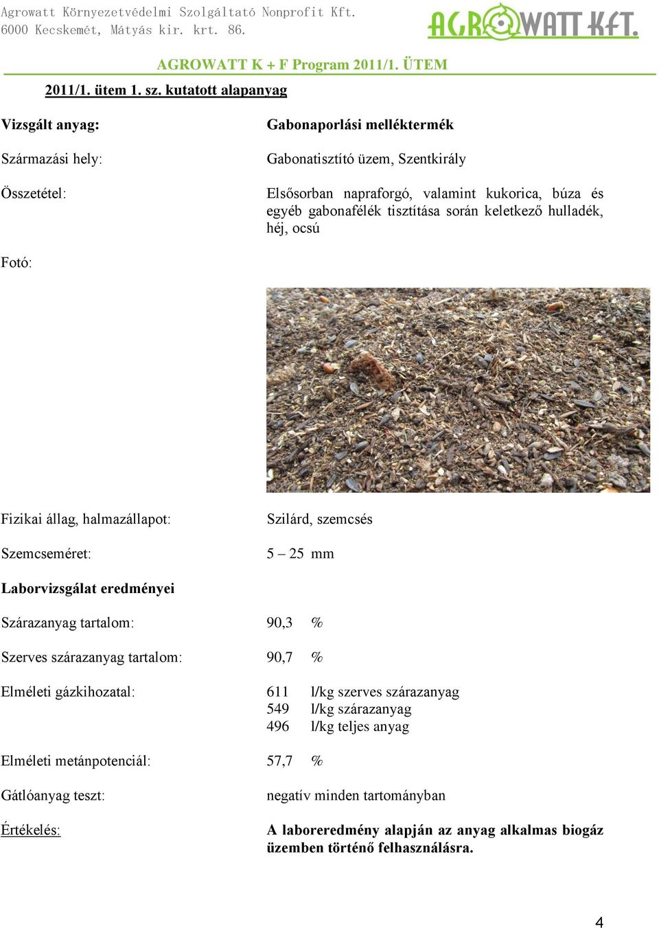 egyéb gabonafélék tisztítása során keletkező hulladék, héj, ocsú Fotó: Fizikai állag, halmazállapot: Szemcseméret: Szilárd, szemcsés 5 25 mm Laborvizsgálat eredményei