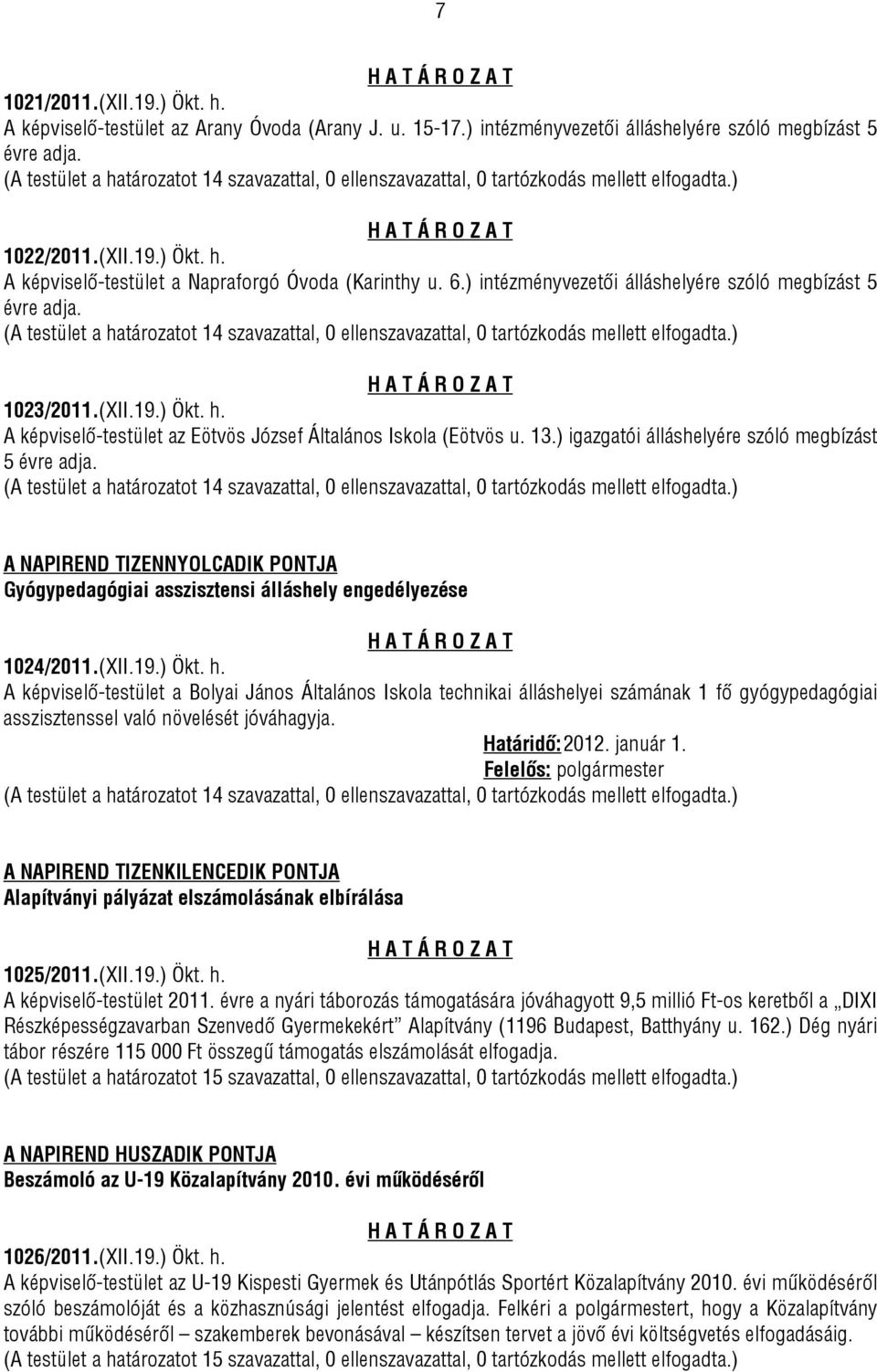 ) igazgatói álláshelyére szóló megbízást 5 évre adja. A NAPIREND TIZENNYOLCADIK PONTJA Gyógypedagógiai asszisztensi álláshely engedélyezése 1024/2011.(XII.19.) Ökt. h.