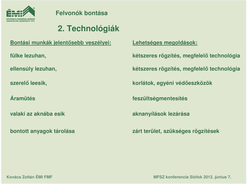 technológia kétszeres rögzítés, megfelelı technológia korlátok, egyéni védıeszközök