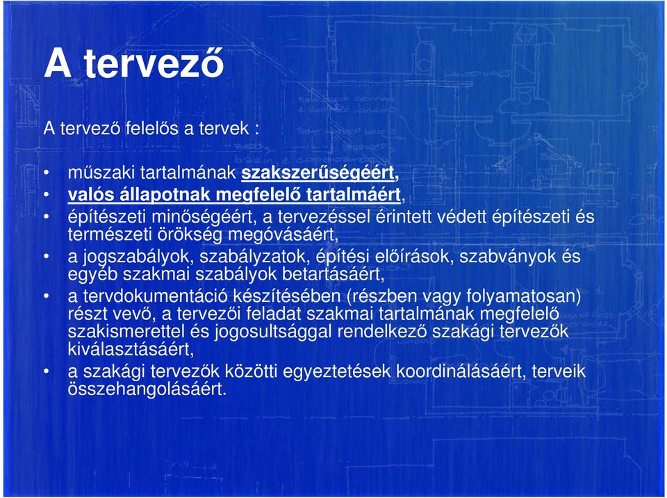 szakmai szabályok betartásáért, a tervdokumentáció készítésében (részben vagy folyamatosan) részt vevő, a tervezői feladat szakmai tartalmának