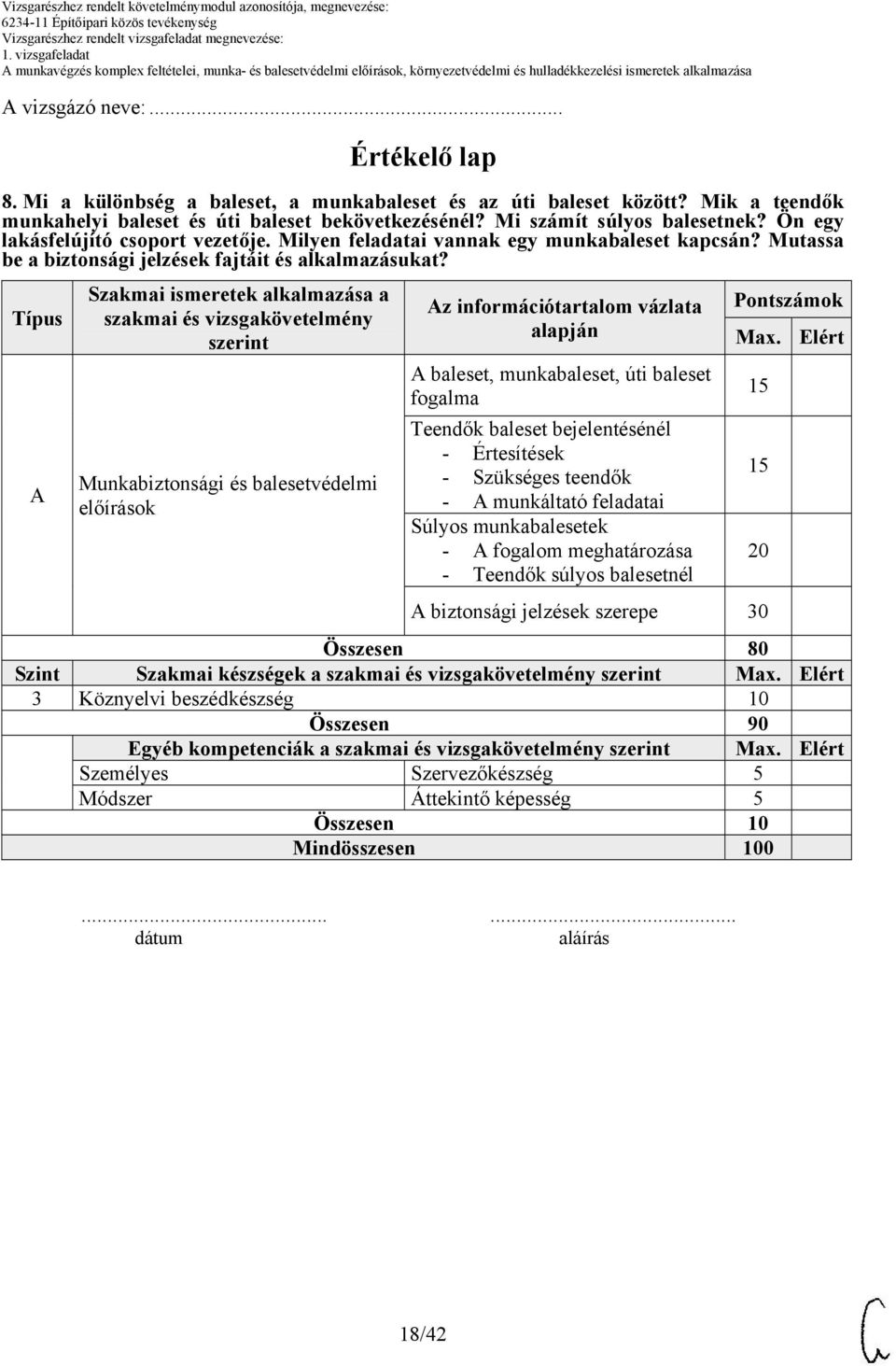 Típus A Szakmai ismeretek alkalmazása a szakmai és vizsgakövetelmény szerint Munkabiztonsági és balesetvédelmi előírások Az információtartalom vázlata alapján A baleset, munkabaleset, úti baleset