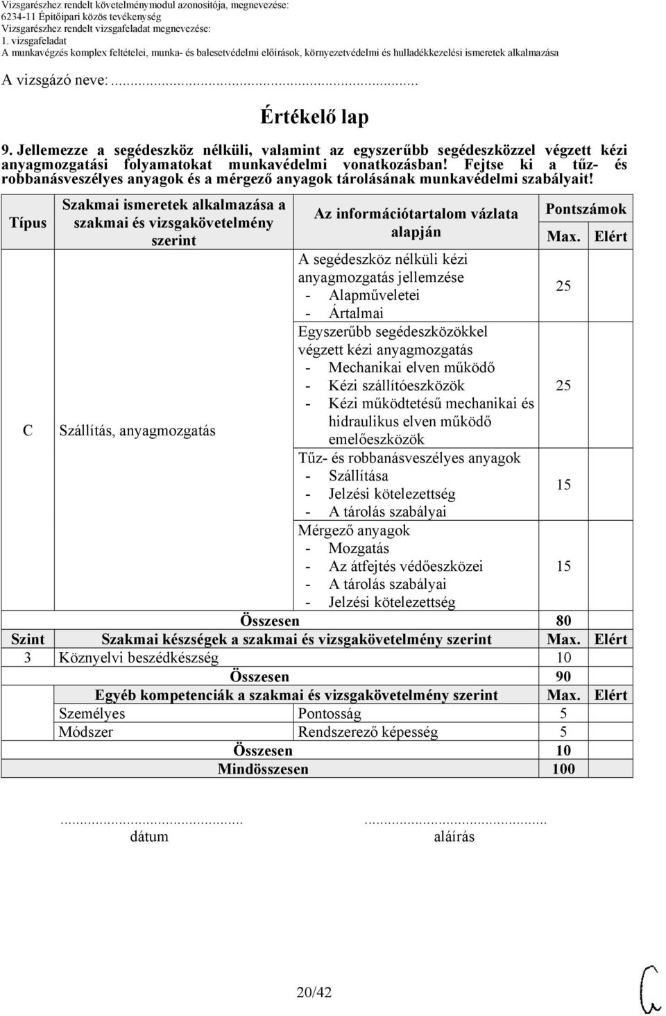 Típus C Szakmai ismeretek alkalmazása a szakmai és vizsgakövetelmény szerint Szállítás, anyagmozgatás Az információtartalom vázlata alapján A segédeszköz nélküli kézi anyagmozgatás jellemzése -