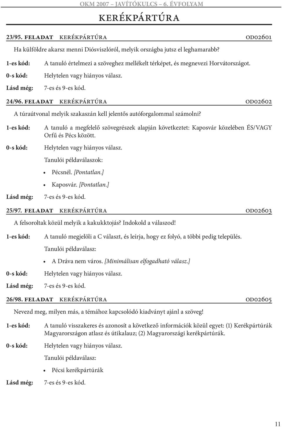 A tanuló a megfelelő szövegrészek alapján következtet: Kaposvár közelében ÉS/VAGY Orfű és Pécs között. Pécsnél. [Pontatlan.] Kaposvár. [Pontatlan.] 25/97.