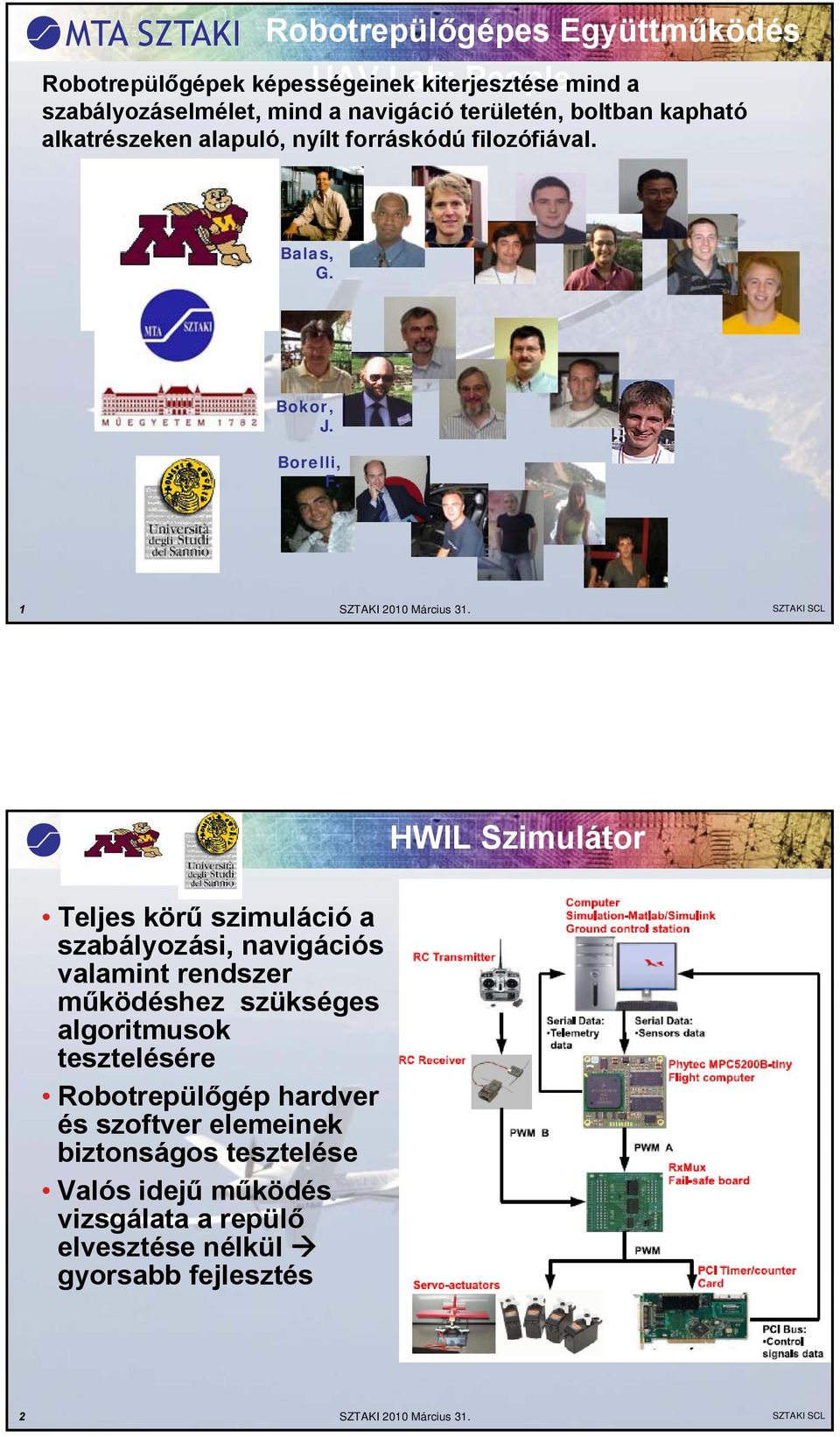 SZTAKI SCL HWIL Szimulátor Teljes körű szimuláció a szabályozási, navigációs valamint rendszer működéshez szükséges algoritmusok tesztelésére