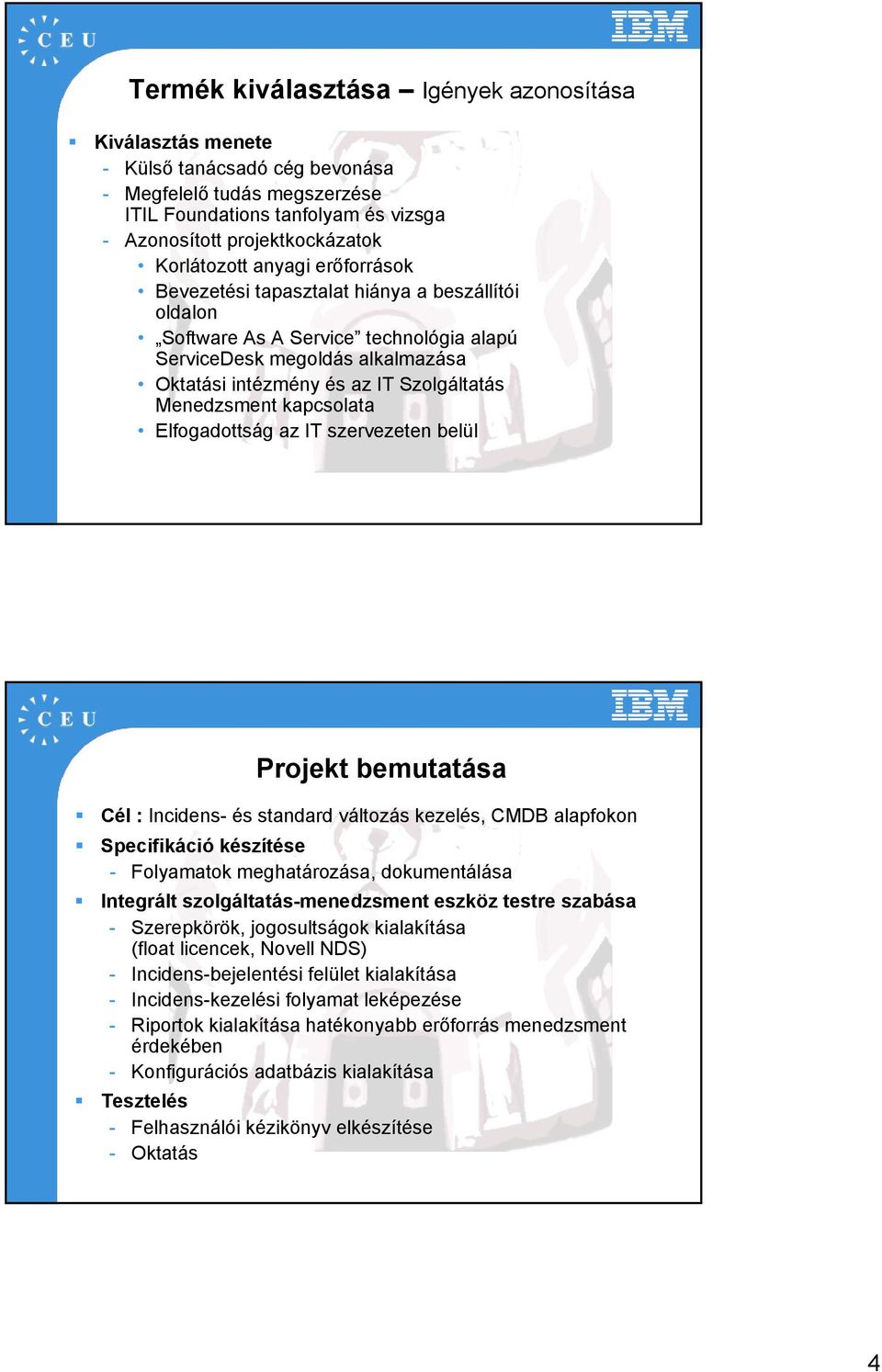 Menedzsment kapcsolata Elfogadottság az IT szervezeten belül Projekt bemutatása Cél : Incidens- és standard változás kezelés, CMDB alapfokon Specifikáció készítése - Folyamatok meghatározása,