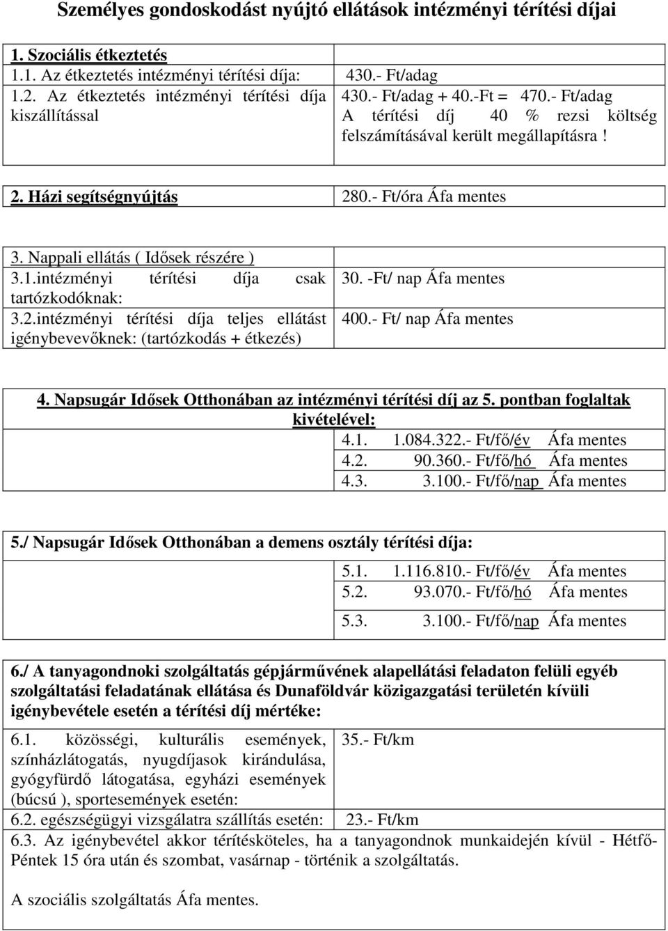 Nappali ellátás ( Idősek részére ) 3.1.intézményi térítési díja csak tartózkodóknak: 3.2.intézményi térítési díja teljes ellátást igénybevevőknek: (tartózkodás + étkezés) 30. -Ft/ nap Áfa mentes 400.