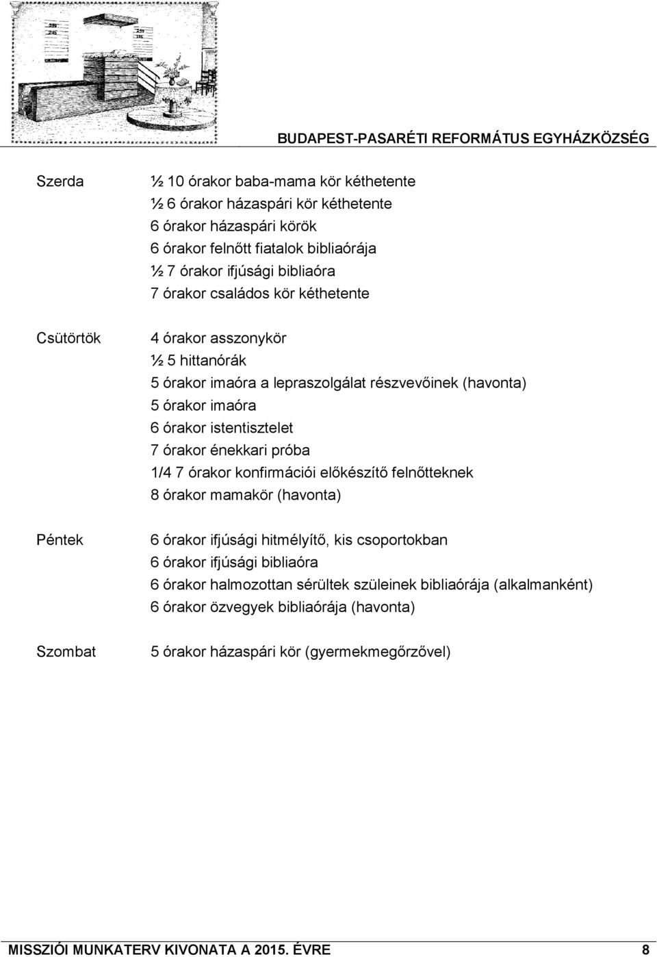 próba 1/4 7 órakor konfirmációi előkészítő felnőtteknek 8 órakor mamakör (havonta) Péntek 6 órakor ifjúsági hitmélyítő, kis csoportokban 6 órakor ifjúsági bibliaóra 6 órakor