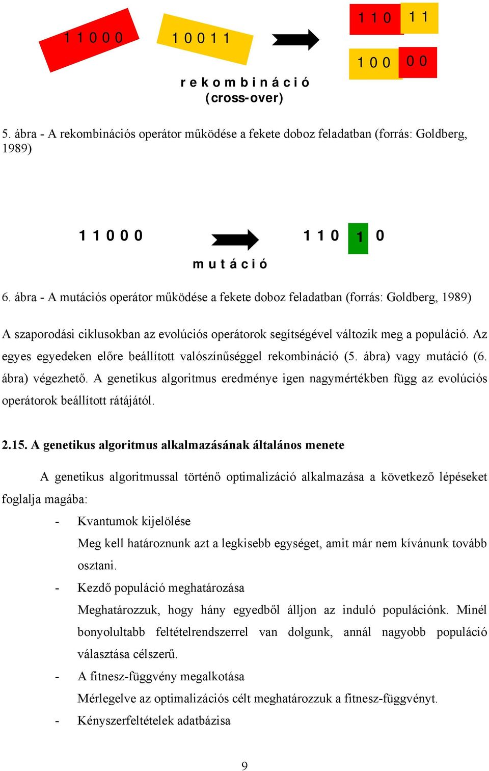 ábra - A mutációs operátor működése a fekete doboz feladatban (forrás: Goldberg, 1989) A szaporodási ciklusokban az evolúciós operátorok segítségével változik meg a populáció.