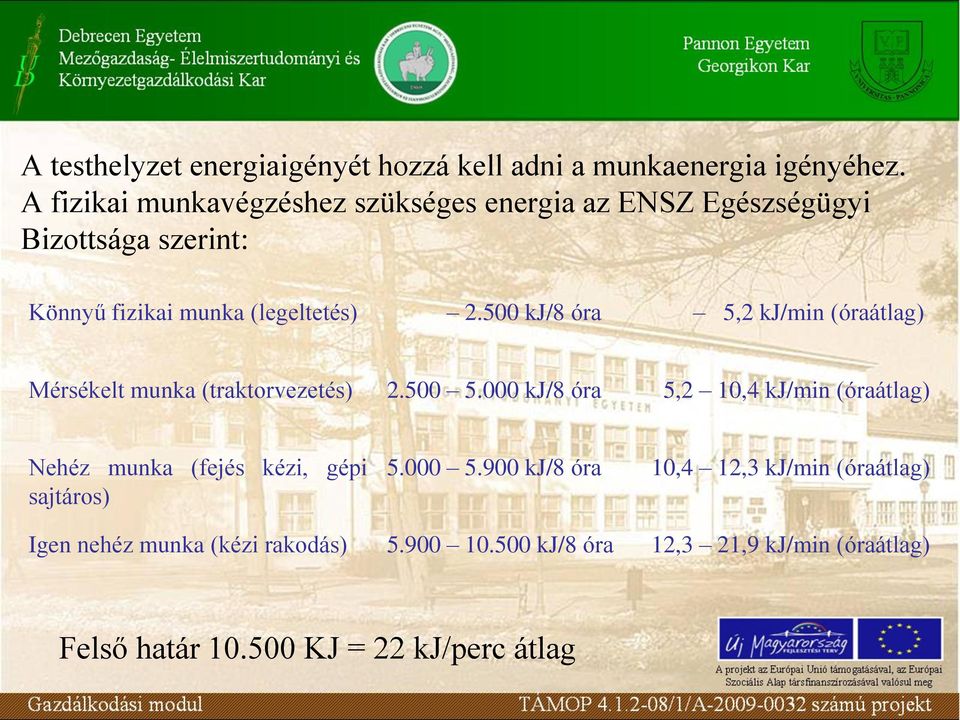 500 kj/8 óra 5,2 kj/min (óraátlag) Mérsékelt munka (traktorvezetés) 2.500 5.