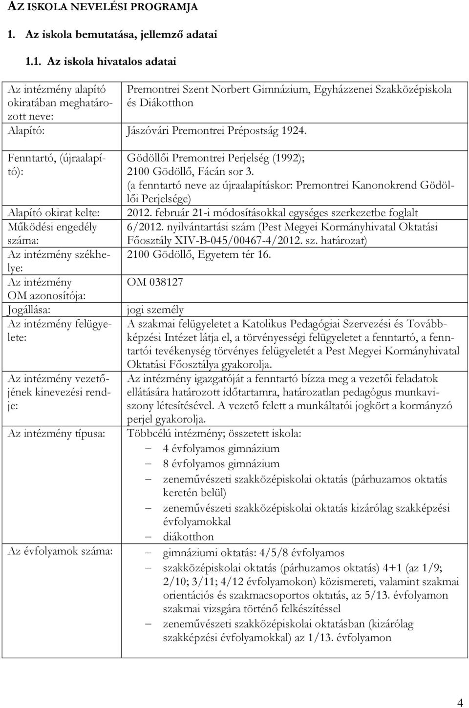 1. Az iskola hivatalos adatai Az intézmény alapító okiratában meghatározott neve: Premontrei Szent Norbert Gimnázium, Egyházzenei Szakközépiskola és Diákotthon Alapító: Jászóvári Premontrei