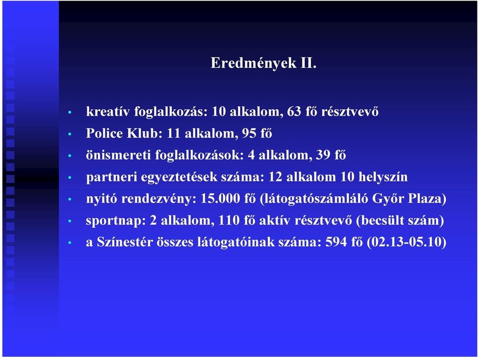 foglalkozások: 4 alkalom, 39 fı partneri egyeztetések száma: 12 alkalom 10 helyszín nyitó