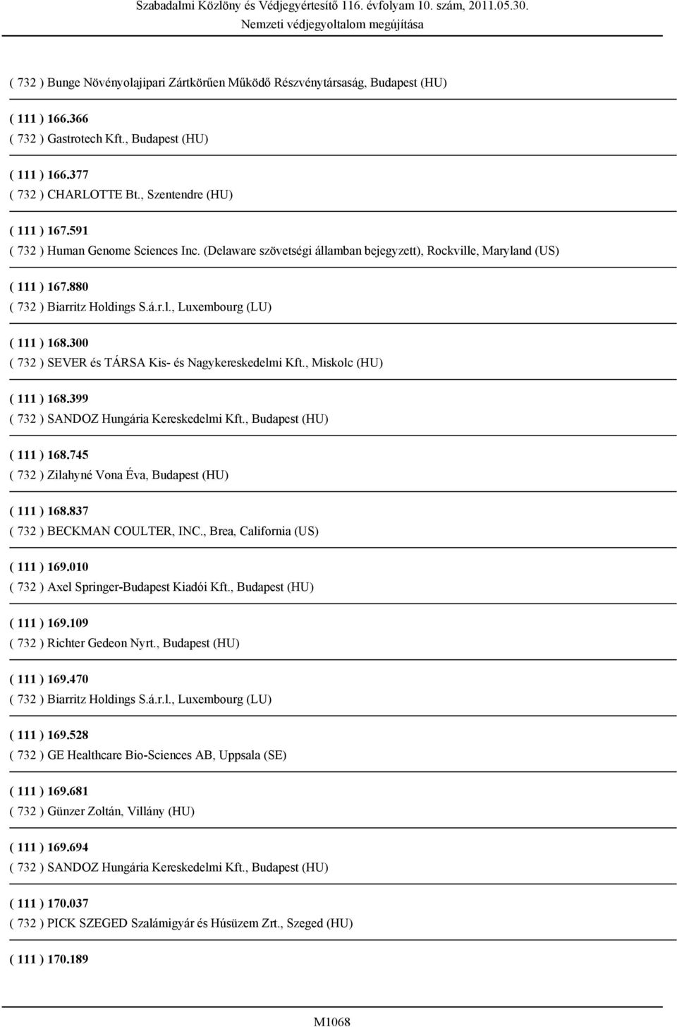 300 ( 732 ) SEVER és TÁRSA Kis- és Nagykereskedelmi Kft., Miskolc (HU) ( 111 ) 168.399 ( 732 ) SANDOZ Hungária Kereskedelmi Kft., Budapest (HU) ( 111 ) 168.