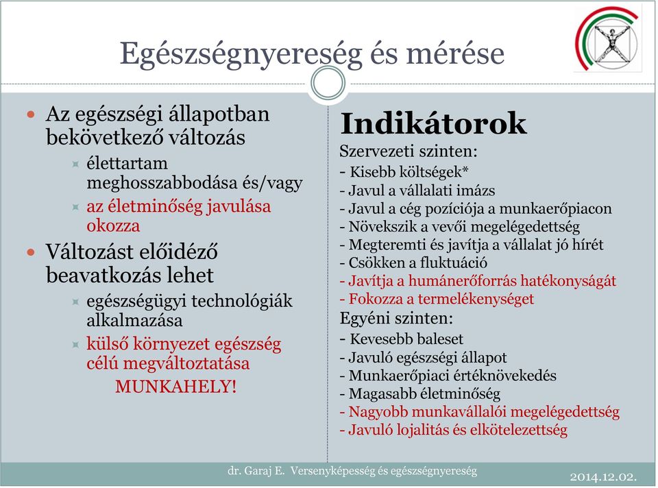 Indikátorok Szervezeti szinten: - Kisebb költségek* - Javul a vállalati imázs - Javul a cég pozíciója a munkaerőpiacon - Növekszik a vevői megelégedettség - Megteremti és javítja a