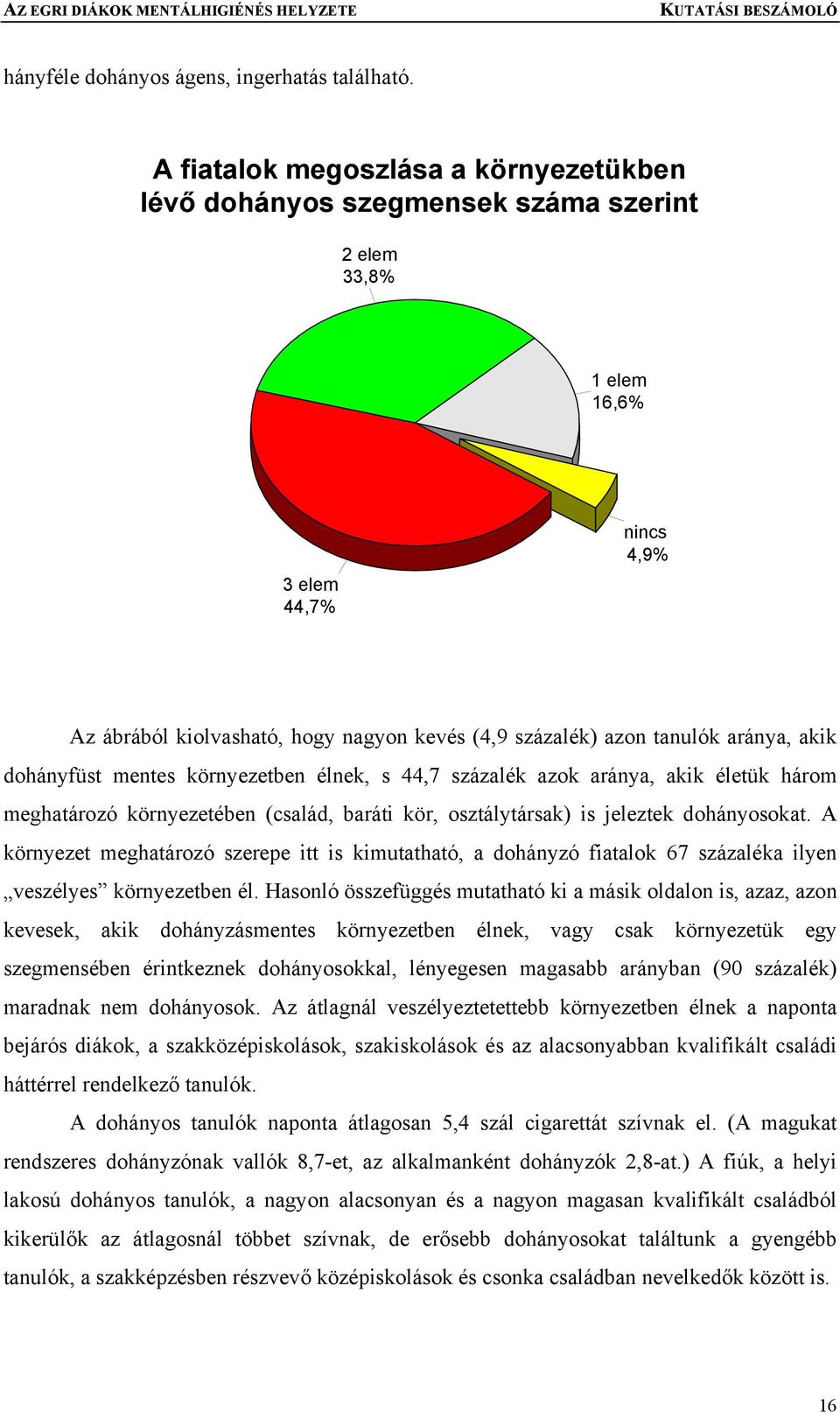 aránya, akik dohányfüst mentes környezetben élnek, s 44,7 százalék azok aránya, akik életük három meghatározó környezetében (család, baráti kör, osztálytársak) is jeleztek dohányosokat.