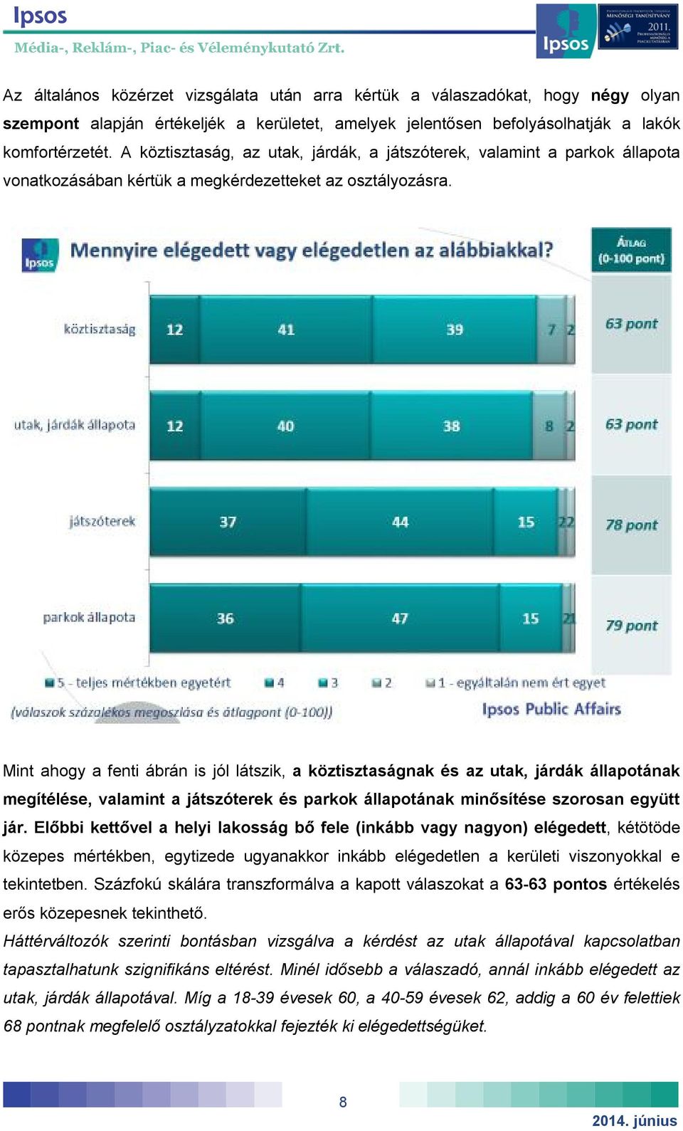 Mint ahogy a fenti ábrán is jól látszik, a köztisztaságnak és az utak, járdák állapotának megítélése, valamint a játszóterek és parkok állapotának minősítése szorosan együtt jár.