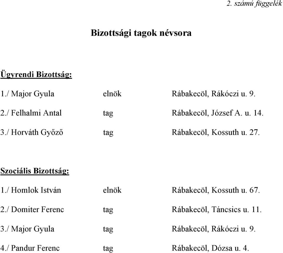 / Horváth Győző tag Rábakecöl, Kossuth u. 27. Szociális Bizottság: 1.