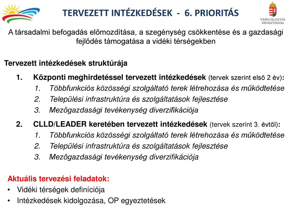 Települési infrastruktúra és szolgáltatások fejlesztése 3. Mezőgazdasági tevékenység diverzifikációja 2. CLLD/LEADER keretében tervezett intézkedések (tervek szerint 3. évtől): 1.