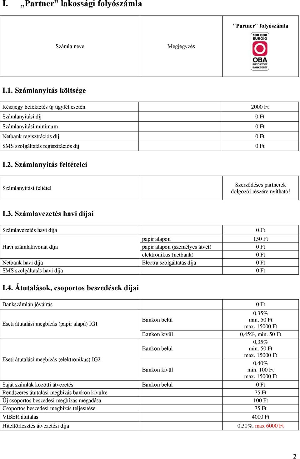 0 I.2. Számlanyitás feltételei Számlanyitási feltétel Szerződéses partnerek dolgozói részére nyitható! I.3.