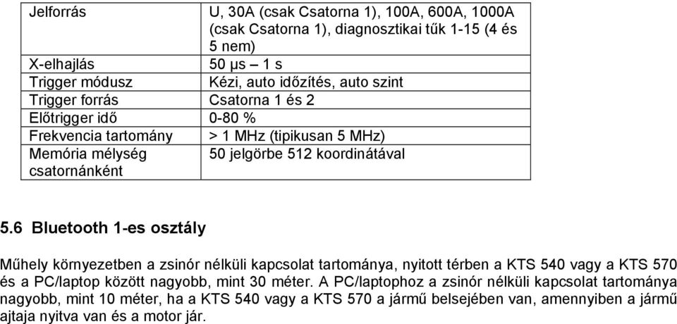6 Bluetooth 1-es osztály Műhely környezetben a zsinór nélküli kapcsolat tartománya, nyitott térben a KTS 540 vagy a KTS 570 és a PC/laptop között nagyobb, mint 30 méter.