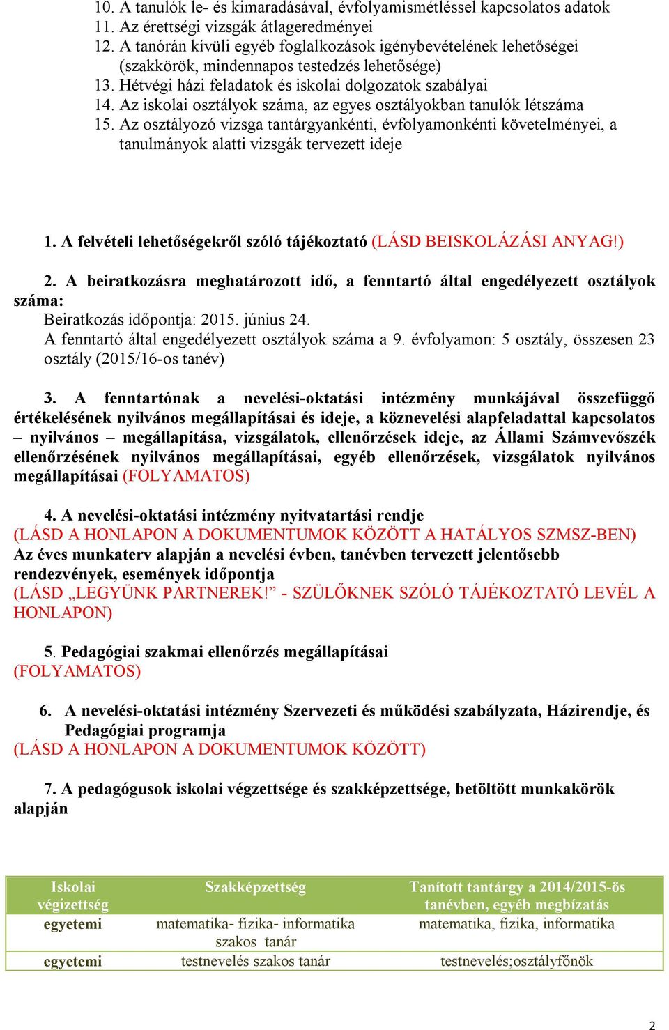 Az iskolai osztályok száma, az egyes osztályokban tanulók létszáma 15. Az osztályozó vizsga tantárgyankénti, évfolyamonkénti követelményei, a tanulmányok alatti vizsgák tervezett ideje 1.