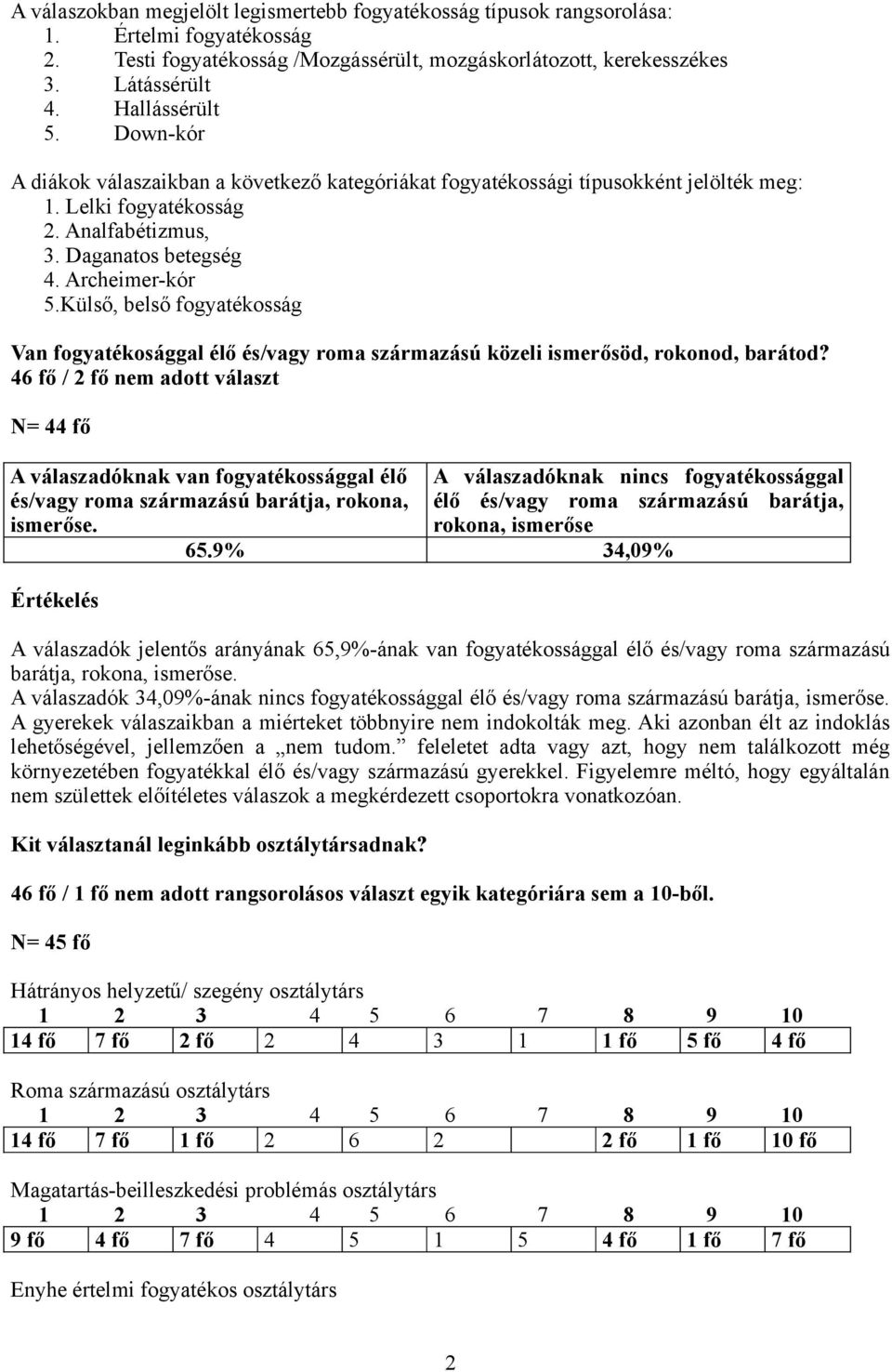 Külső, belső fogyatékosság Van fogyatékosággal élő és/vagy roma származású közeli ismerősöd, rokonod, barátod?