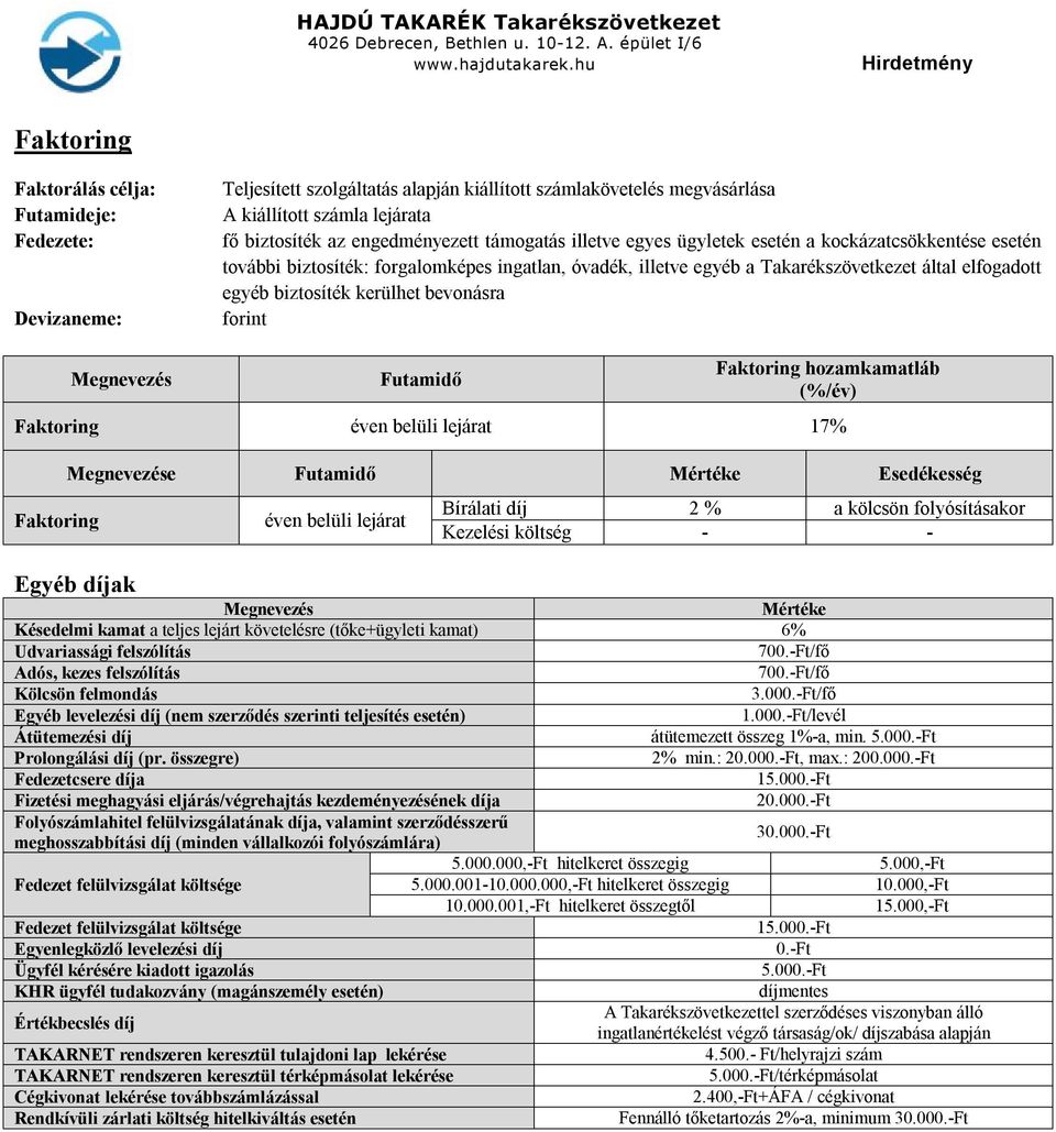 bevonásra forint Futamidő Faktoring hozamkamatláb (%/év) Faktoring éven belüli lejárat 17% Faktoring e Futamidő Esedékesség Egyéb díjak éven belüli lejárat Bírálati díj 2 % a kölcsön folyósításakor
