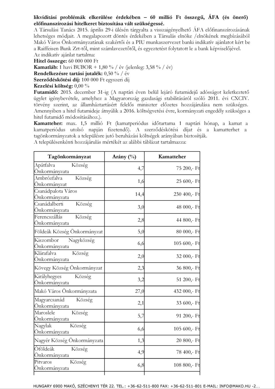 A megalapozott döntés érdekében a Társulás elnöke /elnökének megbízásából Makó Város Önkormányzatának szakértői és a PIU munkaszervezet banki indikatív ajánlatot kért be a Raiffeisen Bank Zrt-től,