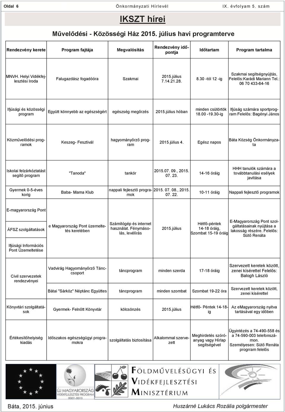 : 06 70 433-64-16 Ifjúsági és közösségi program Együtt könnyebb az egészségért egészség megőrzés 2015.július hóban minden csütörtök 18.00-19.