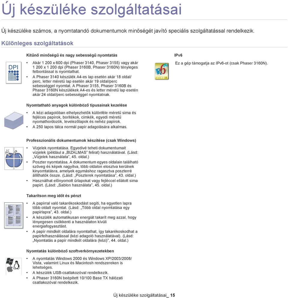 is nyomtathat. A Phaser 3140 készülék A4-es lap esetén akár 18 oldal/ perc, letter méretű lap esetén akár 19 oldal/perc sebességgel nyomtat.