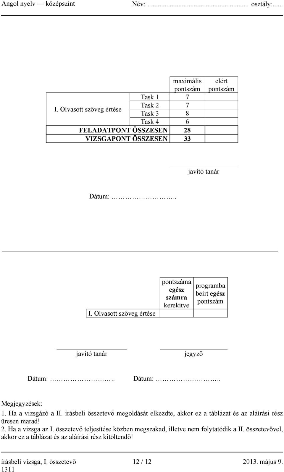 Olvasott szöveg értése pontszáma egész számra kerekítve programba beírt egész pontszám javító tanár jegyző Dátum:.. Dátum:.. Megjegyzések: 1.