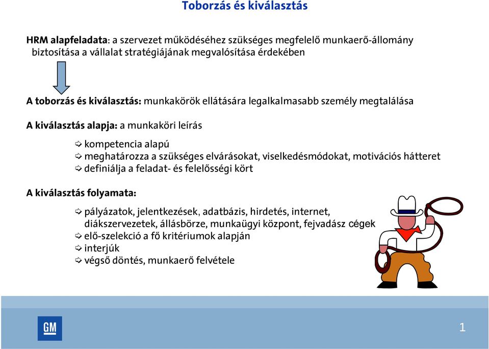 elvárásokat, viselkedésmódokat, motivációs hátteret definiálja a feladat- és felelősségi kört A kiválasztás folyamata: pályázatok, jelentkezések, adatbázis,