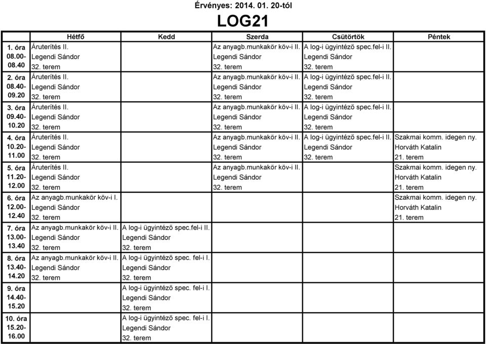 fel-i II. 32. terem 32. terem Az anyagb.munkakör köv-i II. A log-i ügyintéző spec. fel-i I. 32. terem 32. terem A log-i ügyintéző spec. fel-i I. 32. terem A log-i ügyintéző spec. fel-i I. 32. terem LOG21